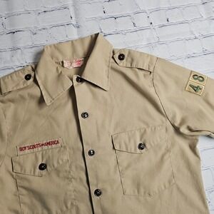 Boy Scouts of America Official Shirt Tan Khaki Long Sleeve Uniform Size S Patch